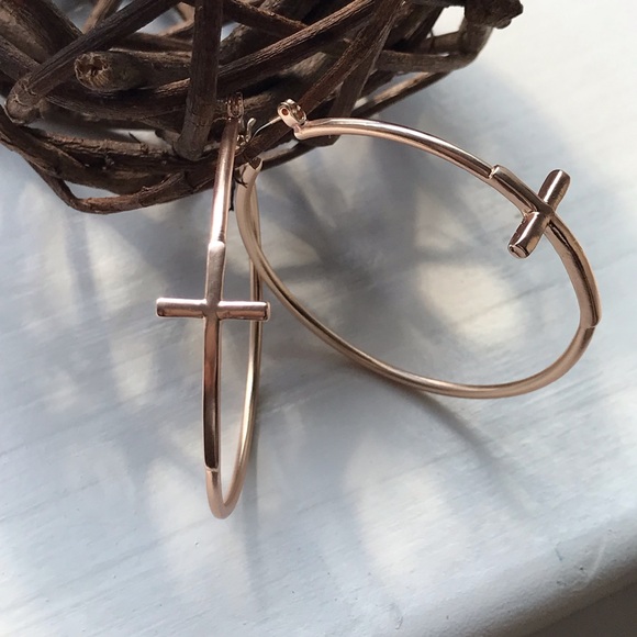1 Left! Rose Gold Tone Hoop Earrings with Cross ✝️ - Picture 5 of 8